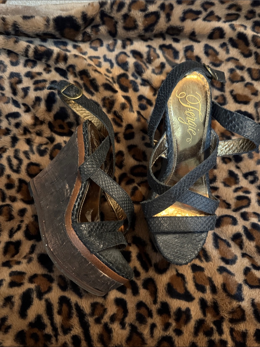 Fergie Black Textured Platform Wedge Sandals